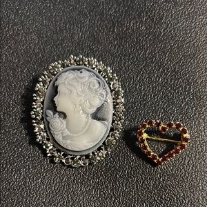 One blueish Cameo Brooch and a Tiny red heart pin.  Both in new condition.
